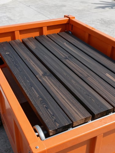Close-up commercial photography of thick wooden protective planks positioned neatly under the steel rollers of an orange dumpster on a clean concrete driveway, bright Florida sun
