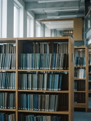 A quiet, modern university library archive with natural light streaming through high windows, focused on rows of neatly organized academic journals on wooden shelves, desaturated cool tones.