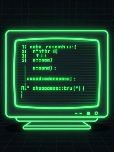 Vector line illustration of a glowing green CRT monitor showing code structures, synthwave grid background, high contrast neon outlines