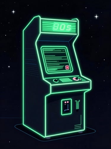 Vector line illustration of a classic 80s arcade cabinet glowing with neon green outlines against a deep space starfield, high-contrast neon luminescence, dark synthwave aesthetic, subtle CRT scanlines