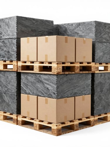 Wide-angle clean warehouse shot, structured wooden pallets stacked with cardboard boxes ready for shipping, cool slate-grey tones, bright high-key studio lighting, sharp focus
