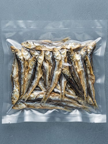 Straight-on studio shot of vacuum-packed dried fish on a cool slate-grey background, sharp focus, technical product photography, 50mm