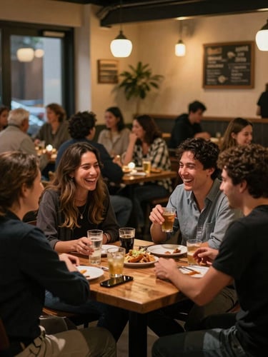 Wide environmental shot of a bustling neighborhood restaurant dining room at night, guests laughing over drinks, warm ambient glow, soft focus on human interaction