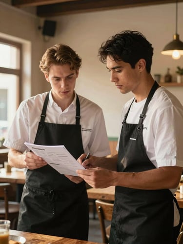Medium environmental portrait of two restaurant managers reviewing a prep list together in a warmly lit, rustic dining room before service, soft golden hour light, candid interaction
