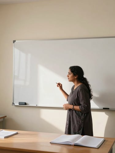Environmental wide shot, natural north-facing daylight, Shyamala mid-gesture at a whiteboard in a warm minimal teaching room, open notebooks on the table, soft cream walls, subject occupies the right two-thirds of the frame, generous negative space to the left