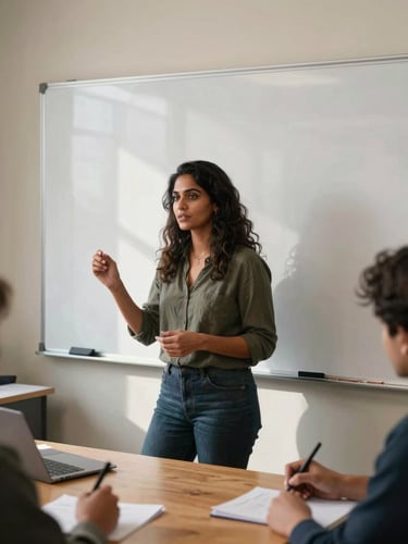 Shyamala at a whiteboard mid-gesture in a small professional workshop room, natural side light, participants' hands visible taking notes at foreground edge, warm ambient interior, editorial framing