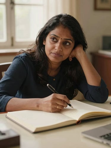 Close portrait of Shyamala's hands resting on an open notebook, pen poised mid-thought, warm north-facing window light, cream desk surface, editorial stillness