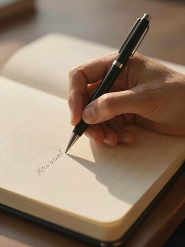 Close-up of hands mid-gesture over an open notebook, pen in hand, golden-hour light warming the page edges, a few lines of visible handwriting, no legible text, intimate and in-motion