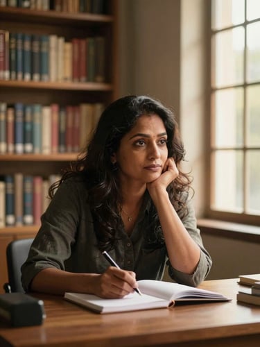 Environmental portrait of Shyamala seated at a wooden desk, leaning forward in thought over an open notebook, warm golden-hour light through a tall window to her right, bookshelves softly out of focus behind her