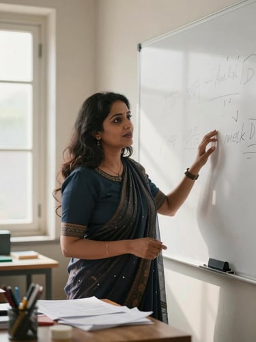Close environmental shot: Shyamala mid-gesture at a whiteboard, one hand raised in explanation, natural north-facing daylight streaming from a window to her left, soft focus on workshop materials in the foreground