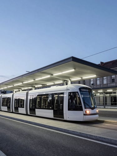Crisp architectural photography of a modern tram station in Cluj-Napoca during blue hour, desaturated urban tones, sharp focus, clean geometric lines