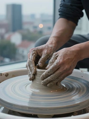 Straight-on close-up of hands shaping raw clay on a pottery wheel, soft overcast daylight, sharp focus on textured clay, desaturated urban tones