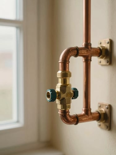 Tight editorial macro shot of clean copper piping and brass fittings in a warm cream utility room, soft natural window light, 35mm