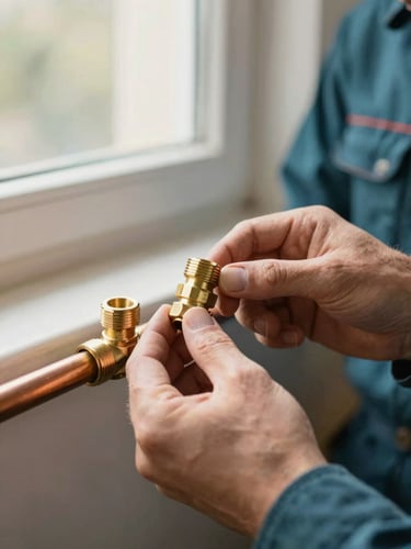 Close-up of a professional plumber's hands installing clean brass fittings on copper pipes, soft natural window light, shallow depth of field, warm editorial 35mm photography