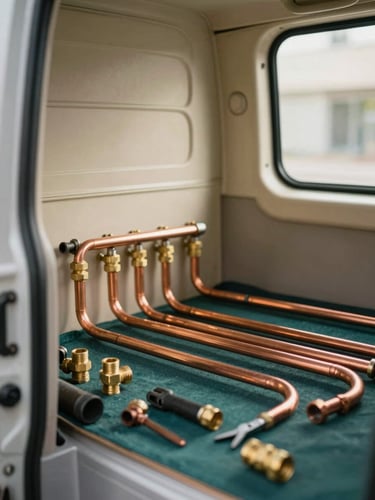 An orderly work van interior with neatly arranged copper pipes, brass fittings, and clean tools, warm residential lighting, shallow depth of field