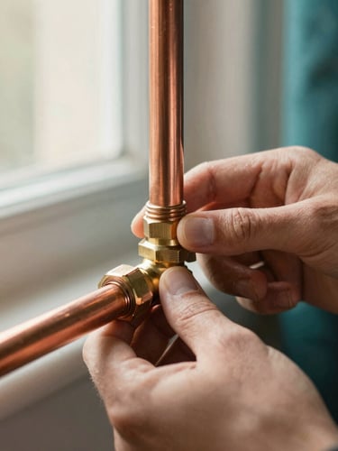 Tight editorial macro shot of hands installing clean copper piping with brass fittings, warm residential light, shallow depth of field, 35mm.
