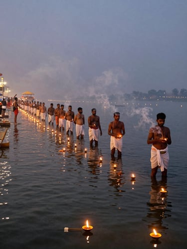 Documentary photograph of Haridwar Har Ki Pauri ghat at dusk, oil lamps floating on the dark water in rows, pilgrims standing waist-deep in the river in white cloth, smoke from incense drifting across the frame, warm amber light