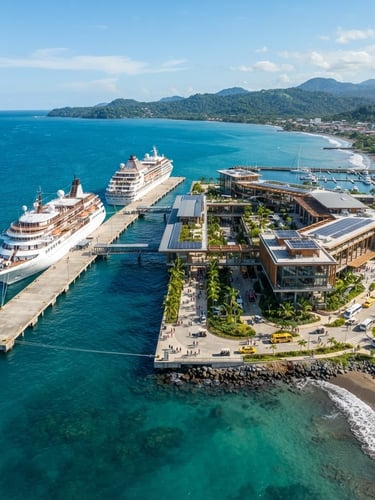 Aerial panoramic drone shot of a modern luxury cruise port terminal in Limon Costa Rica, bright natural coastal sunlight, turquoise ocean water, clean architectural lines, high-end editorial