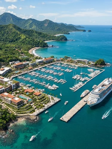 Aerial drone shot of a modern luxury marina and cruise ship port in Costa Rica, bright coastal sunlight, turquoise ocean water, architectural renders integrated with lush green coastline