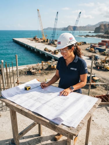 A professional Costa Rican civil engineer in a white hard hat looking over architectural blueprints, bright coastal morning light, modern port infrastructure construction in the background.