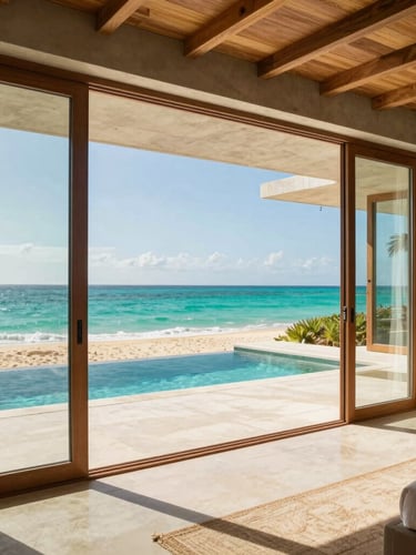 Luxury waterfront villa interior with floor-to-ceiling glass doors opening to a private pool and the turquoise Caribbean sea, warm sand tones, architectural concrete and sustainable wood, bright morning light