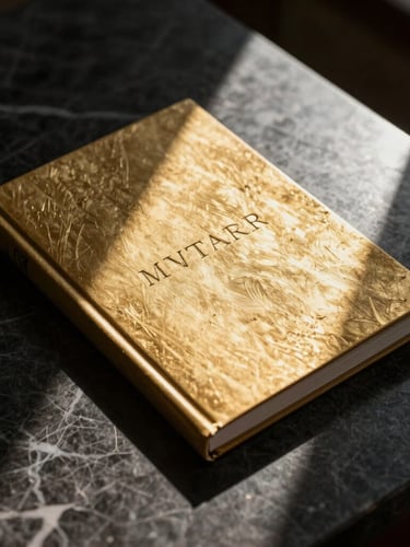 Dramatic chiaroscuro portrait of a premium embossed gold-leaf brand book resting on a dark, heavily veined marble surface, sharp directional sunlight casting deep shadows.
