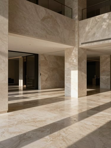 Wide cinematic view of a luxury minimalist lobby in Dubai, sharp directional afternoon light casting long geometric shadows on travertine stone, high-contrast, elite architectural atmosphere.