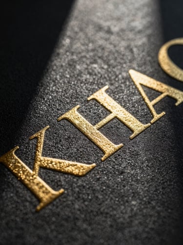 Macro close-up of a high-contrast physical brand asset with embossed gold foil lettering, dramatic directional sunlight casting sharp shadows, luxurious texture.