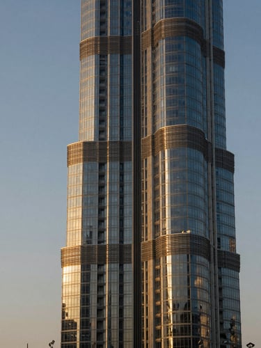 Wide cinematic editorial shot of an ultra-modern concrete and glass skyscraper in Dubai during twilight, sharp directional light casting dramatic shadows, negative space on the left.