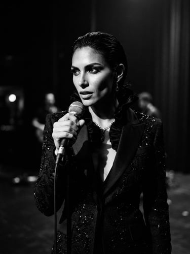 Moody cinematic black and white portrait of a performer, low-key chiaroscuro lighting, deep shadows, elegant high-fashion editorial style, 35mm lens.