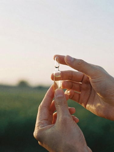 Close up of hands holding a glass vial with organic compound under soft morning daylight, 35mm film style, warm editorial photography