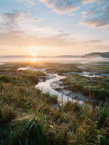 Wide environmental landscape of a coastal wetland restoration site during sunrise, soft golden mist rising off the water, native grasses in the foreground, expansive sky, 35mm film style.