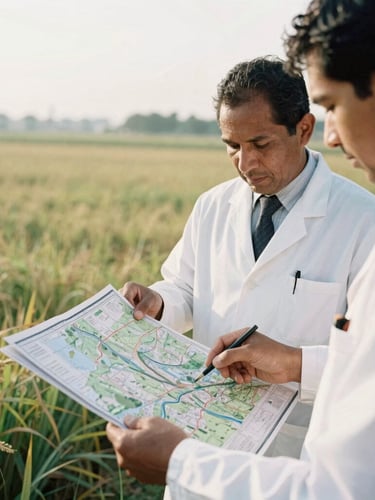 A close-up of a scientist and a local community leader reviewing environmental maps together in a sunlit field, morning daylight, natural organic tones, 35mm film style
