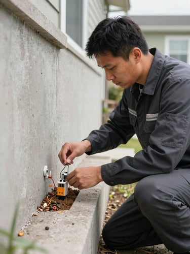 A professional pest control technician in a clean dark uniform installing a technical subterranean termite bait station along a concrete residential foundation, crisp daylight, action-oriented framing.