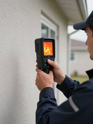 A close-up of a technician in a dark navy Guardian uniform holding a thermal imaging camera against a residential drywall, bright orange heat signatures of nesting activity visible on the screen, crisp daylight.