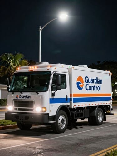 A modern Guardian Pest Control service truck stationed under a bright Cape Coral street light at night, high-contrast headlights cutting through the dark, clean professional branding visible.