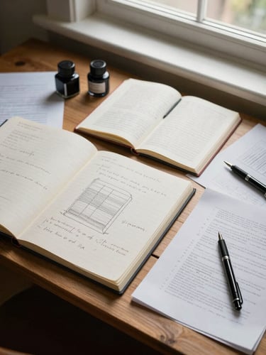Overhead flat-lay of a wooden drafting table covered in open sketchbooks, ink bottles, steel nib pens, and draft manuscripts under natural window light.