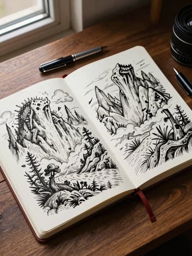 Overhead flat-lay of an open sketchbook on a dark oak drafting table, showing detailed ink drawings of mythical landscapes, a fountain pen resting on the margins, warm natural window light from the left.