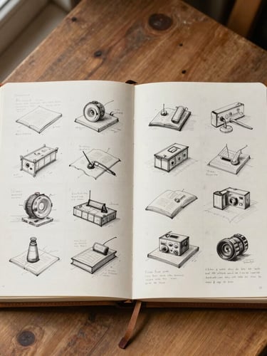 A straight-on vertical shot of an open leather-bound sketchbook resting on a rustic oak drafting table, filled with raw ink drafts and editorial markup in the margins, soft window light.