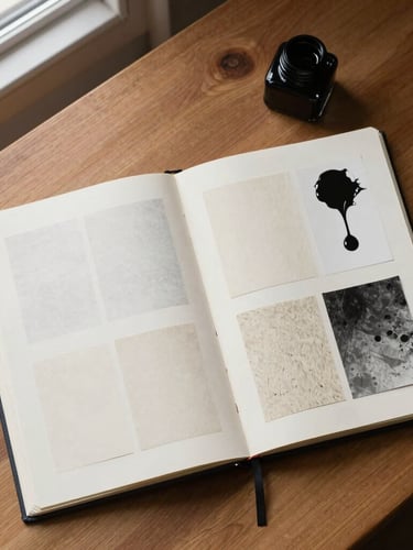 Overhead flat-lay of a wooden drafting table with open sketchbooks, textured paper scans, and pools of black india ink under soft window light.