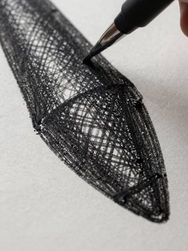Macro close-up of heavy-grain sketch paper with rich black ink pooling in a hand-drawn crosshatch pattern, soft side lighting.