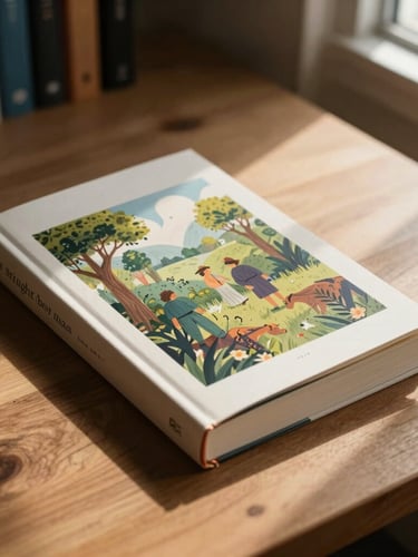 Straight-on physical book mockup of an illustrated novel resting on a wooden studio desk, natural window light casting soft organic shadows, emphasizing the rough paper texture.