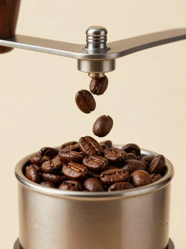 Close-up of roasted premium coffee beans being poured into a high-end grinder, warm metallic tones, soft studio lighting, minimalist background