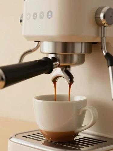 Close-up of a sleek metallic espresso machine pouring rich dark coffee into a ceramic cup, soft studio lighting, warm cream background, minimalist composition