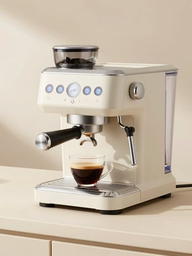 Sleek modern espresso machine on a minimalist cream counter, soft morning light reflecting off metallic accents, rich crema in a ceramic cup nearby, professional product photography