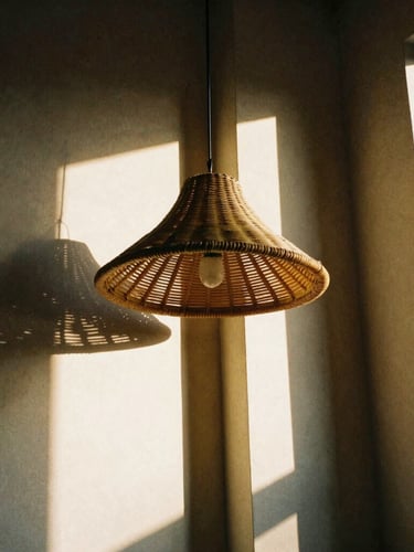 Close-up of a hand-woven rattan join under low-angle late-afternoon window light, casting long architectural shadows on plaster walls, medium format film.