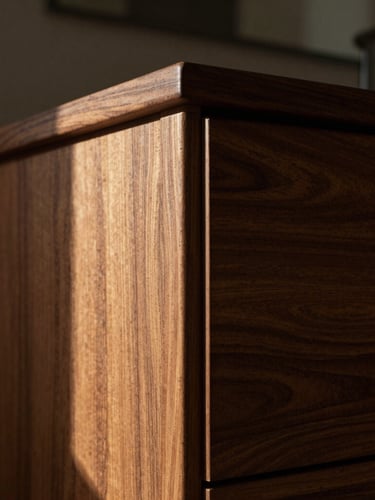 Close-up architectural photograph of a walnut floating vanity joint under dramatic, low-angle afternoon window light, rich wood grain, deep shadows