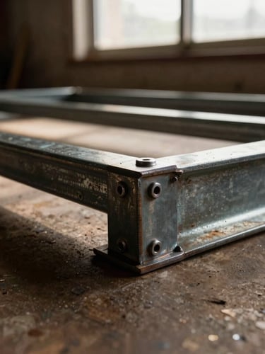 Tight macro shot of a hand-welded steel frame joint on a storage bed, low-angle afternoon window light, deep shadows