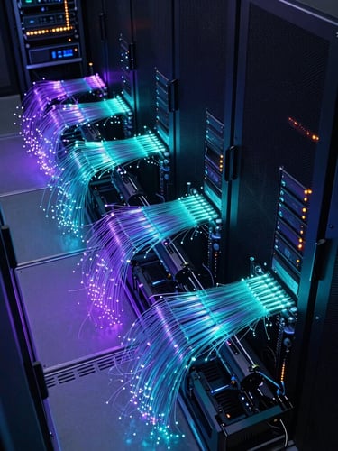 Sweeping isometric view of glowing cyan and purple fiber optic paths running through dark server racks, high contrast, technical lighting.