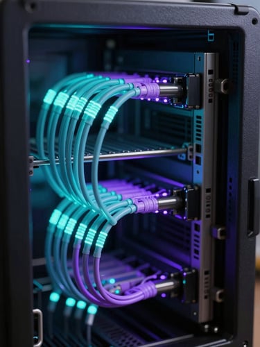 Macro shot of high-end server racks with glowing cyan and purple fiber optic paths, low-key cybernetic lighting, shallow depth of field